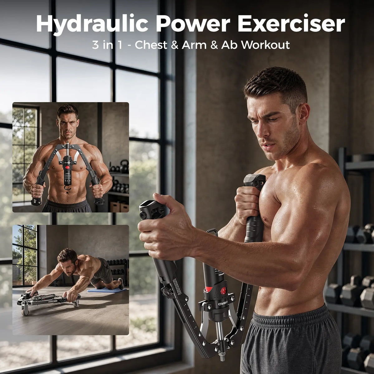 FLYBIRD Series CT1 Hydraulic Chest Trainer, Unisex Arm Strength Trainer & Twister Arm Exerciser - Adjustable 22-440Lbs Core/Tricep Gear with Ab Roller Wheel, Pad & Bag, at Home Gym Equipment, Tricep Workout Equipment
