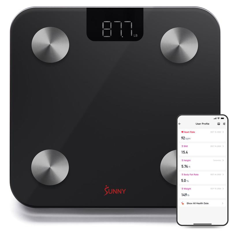 SMART Advanced Composition BMI Scale (Max 400 LBS) - High Accuracy Body Fat Scale with 4 High Precision Sensors, Track Fitness Journey with 20 Health Metrics, Body Weight Heart Rate Fat Muscle Mass BMR Healthcare, Free to Use Sunnyfit App, Auto on Off
