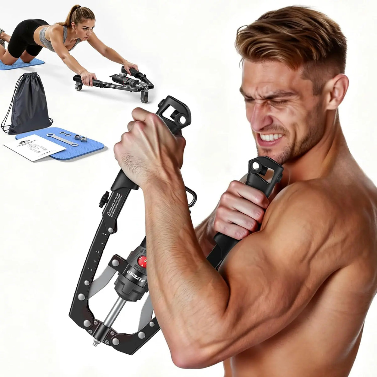 FLYBIRD Series CT1 Hydraulic Chest Trainer, Unisex Arm Strength Trainer & Twister Arm Exerciser - Adjustable 22-440Lbs Core/Tricep Gear with Ab Roller Wheel, Pad & Bag, at Home Gym Equipment, Tricep Workout Equipment